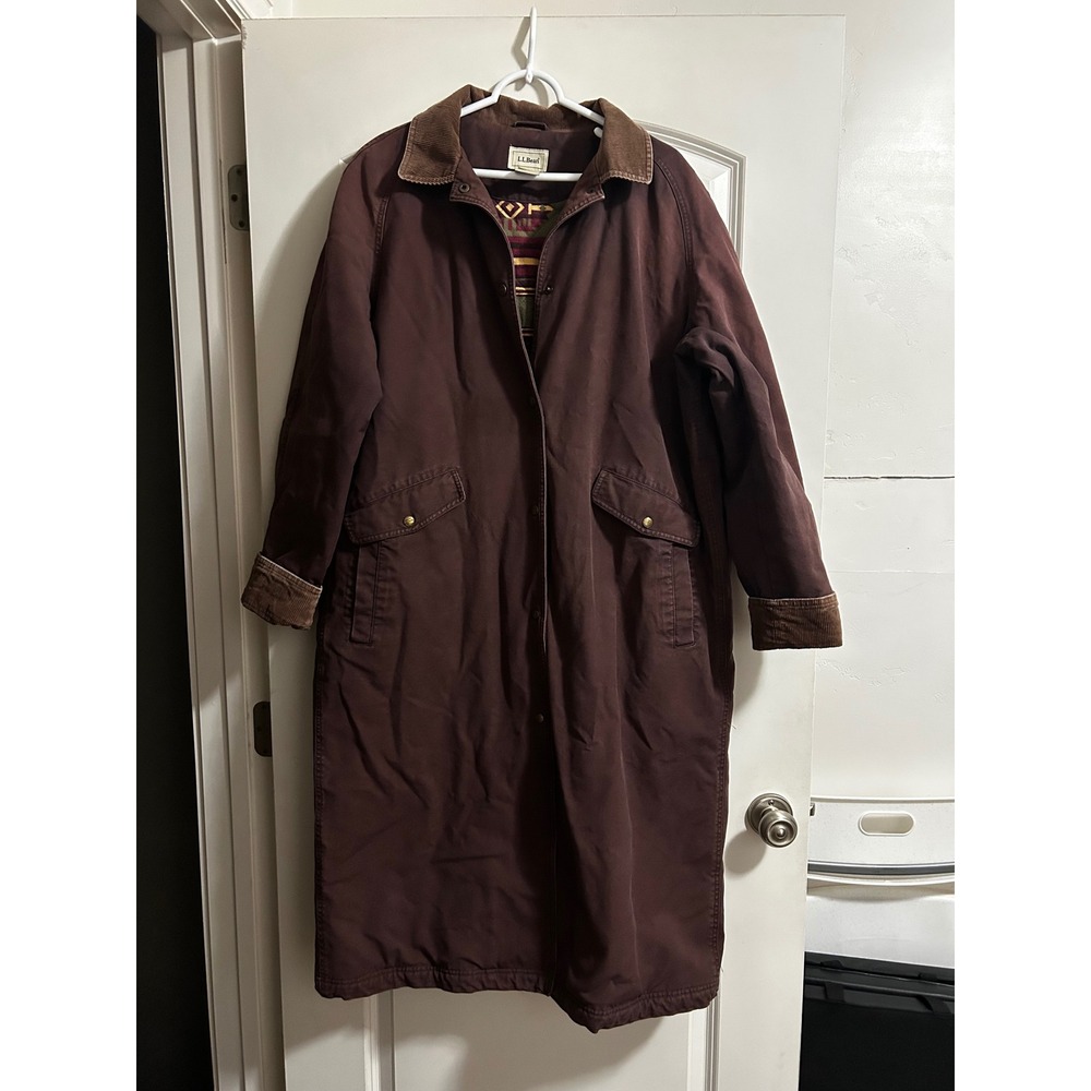 LL Bean Womens XL Canvas Barn Coat Aztec Quilted Lining Longline Duster